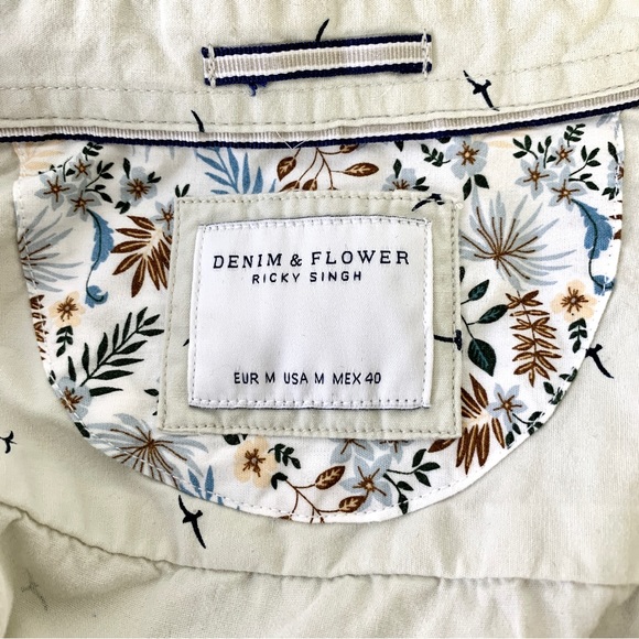 Denim & Flower Ricky Singh Mens Button Up Shirt Blue White Birds Pocket Cotton L - Picture 3 of 7